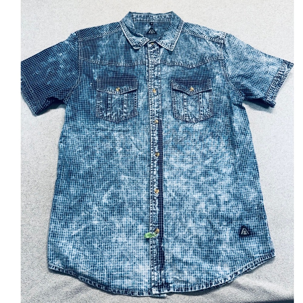 American Stitch Button Down Mens M Blue Acid Wash Grid Short Sleeve Shirt Skater